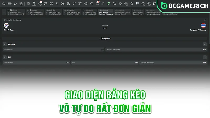 Giao diện bảng kèo võ tự do đơn giản