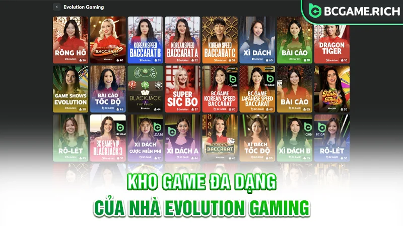 Kho game đa dạng tại Evolution Gaming