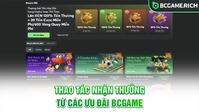 Thao tác nhận thưởng từ ưu đãi BCGAME
