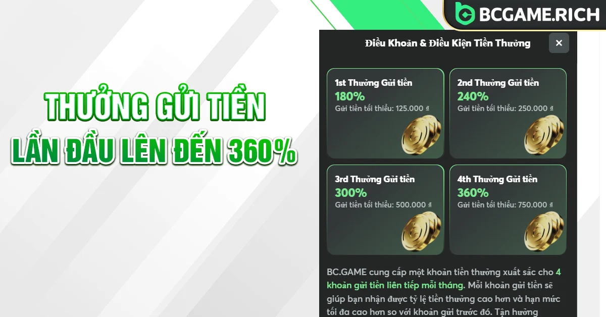 Thưởng gửi tiền lần đầu lên đến 360% siêu hấp dẫn tại BCGAME