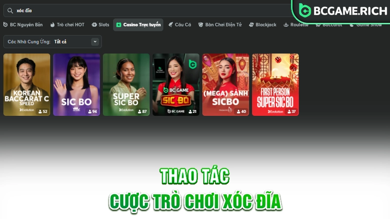 Thao tác đưa cược thủ đến với trò chơi xóc đĩa tại BCGAME
